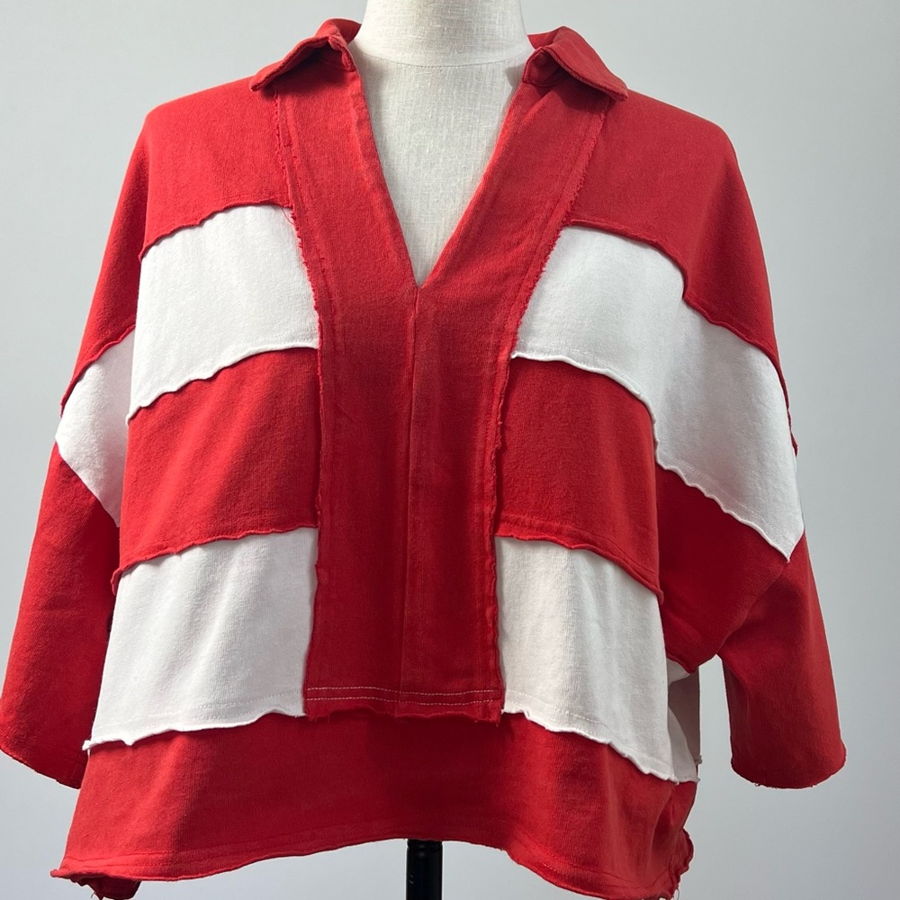 Peach Love Red & Cream Striped Raw Edge Cotton Oversized Top M